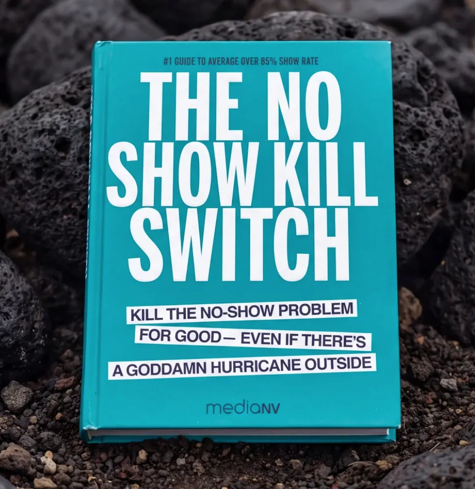 The No-Show Kill Switch book standing on dark volcanic rock