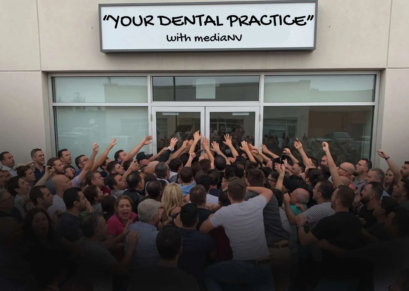 A crowd rushing the doors of a storefront signed 'Your Dental Practice' with MediaNV